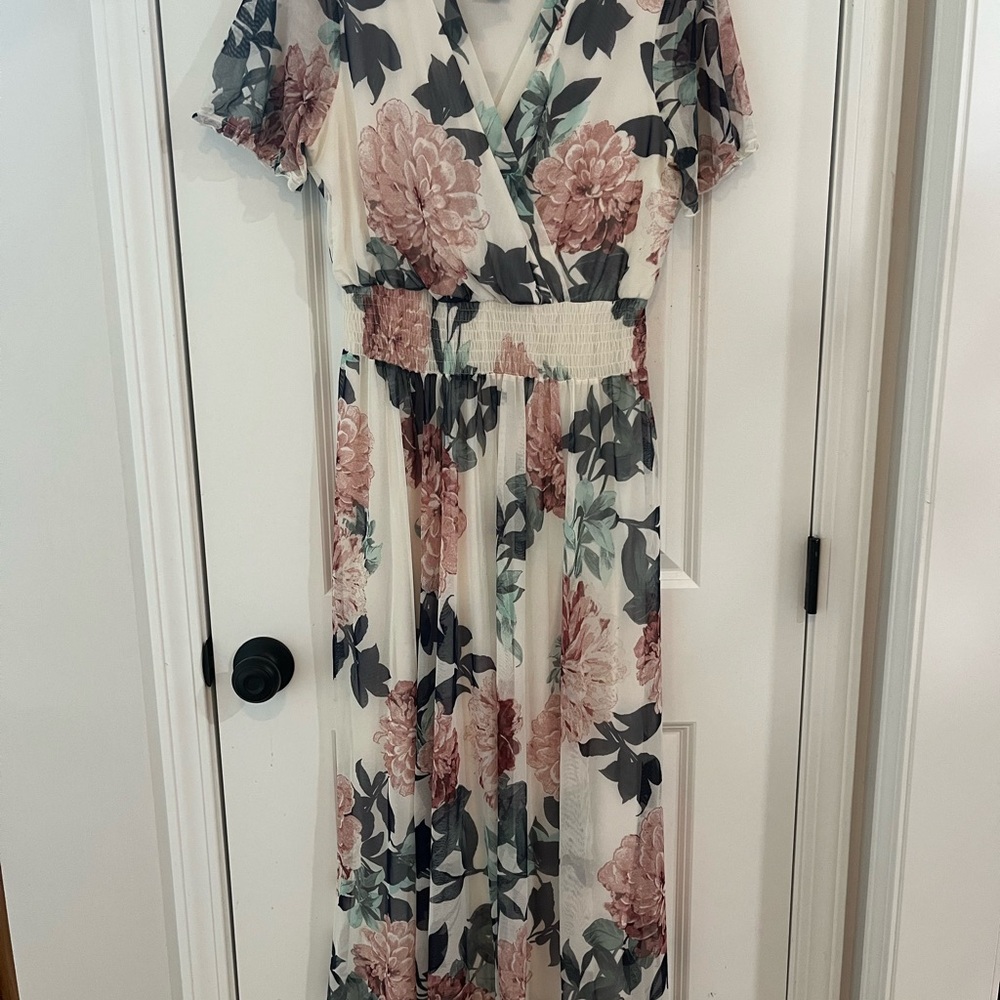 Elegant Floral Maxi Dress in Pink and Green